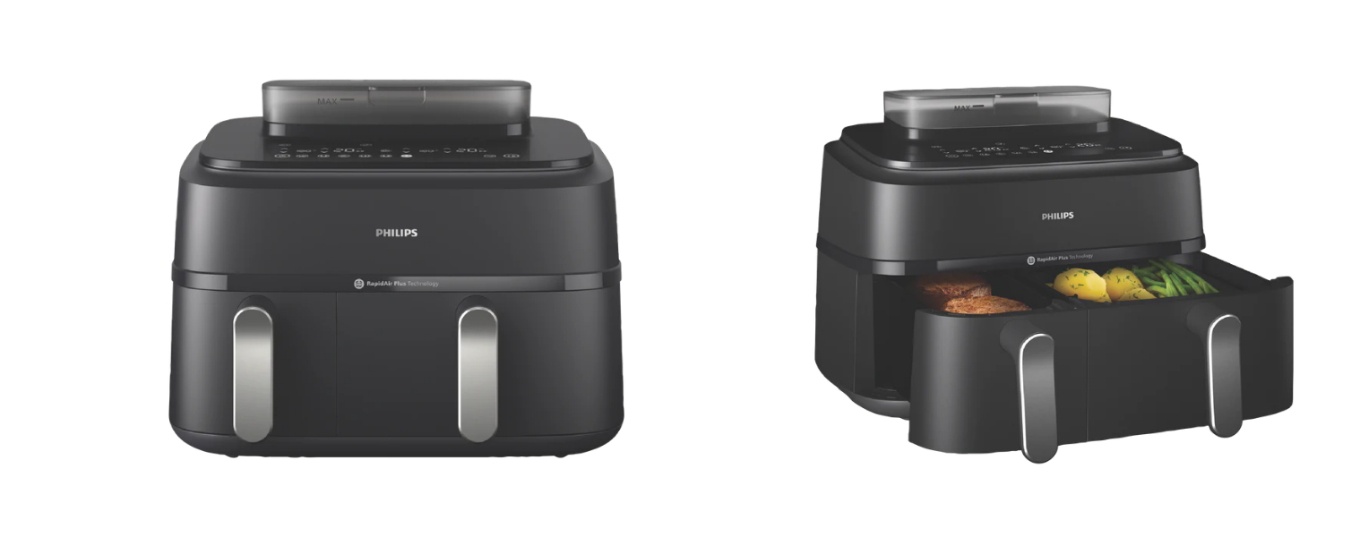 Front and side angle plus draws of the Philips 5000 Series 9 Lt XXL Air fryer 