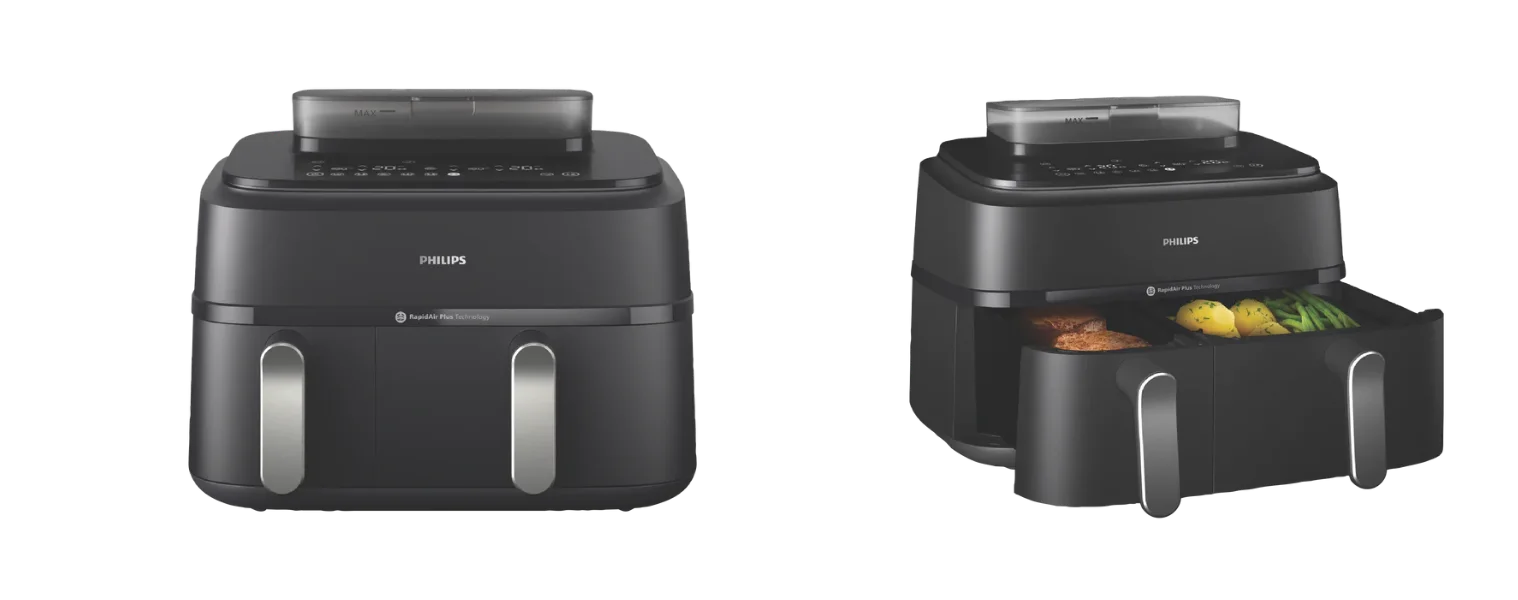 Front and side angle plus draws of the Philips 5000 Series 9 Lt XXL Air fryer