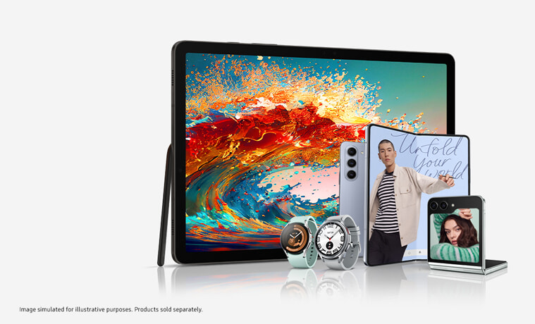 The Samsung Galaxy Z Flip5 Fold5 Watch6 Watch6 Classic and Tab all stand together on a beige background