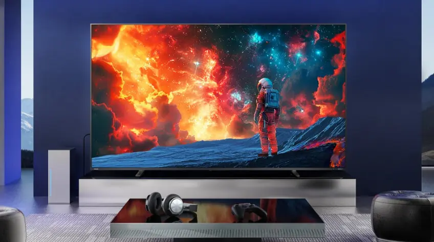 A Toshiba TV is mounted on the wall of a modern living room