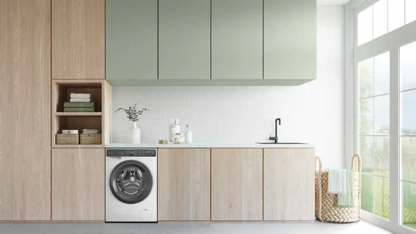 A Westinghouse washing machine in a light timber and sage green laundry