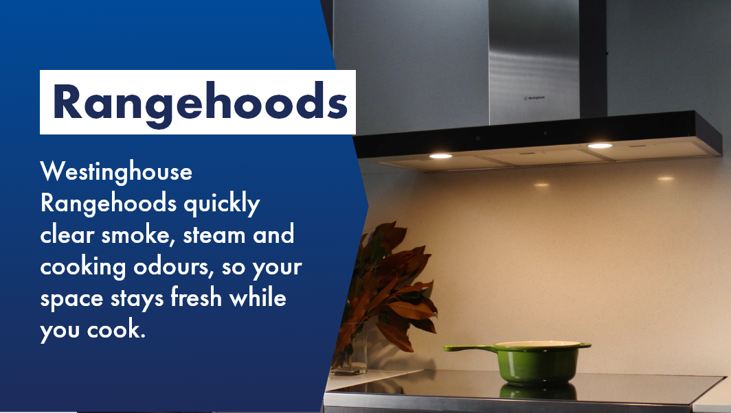 Sleek silver westinghouse rangehood in stylish kitchen, keeping your space fresh whilst you cook.