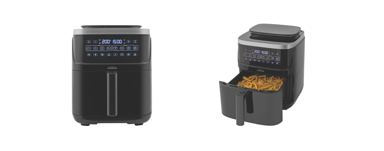 Front and side angle with the draw open of the Sunbeam Steam Fry Air Fryer + Steam