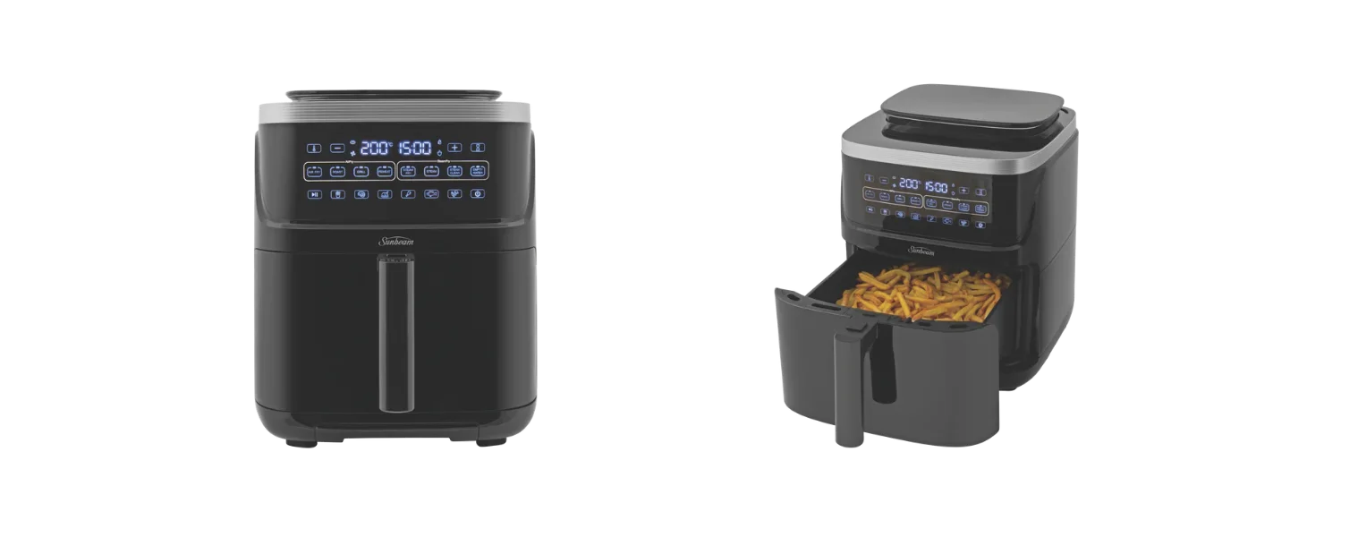 Front and side angle with the draw open of the Sunbeam Steam Fry Air Fryer + Steam