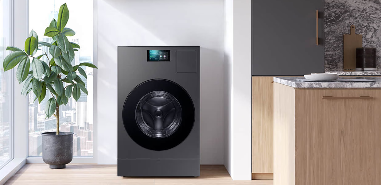 Samsung BESPOKE AI Heat Pump Combo Washer Dryer in modern laundry room