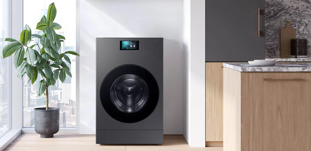 Samsung BESPOKE AI Heat Pump Combo Washer Dryer in modern laundry room