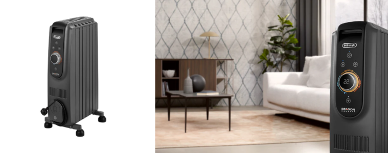 DeLonghi 1500W Dragon5 Connect Oil Column Heater in a lounge room 