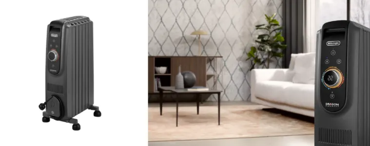 DeLonghi 1500W Dragon5 Connect Oil Column Heater in a lounge room