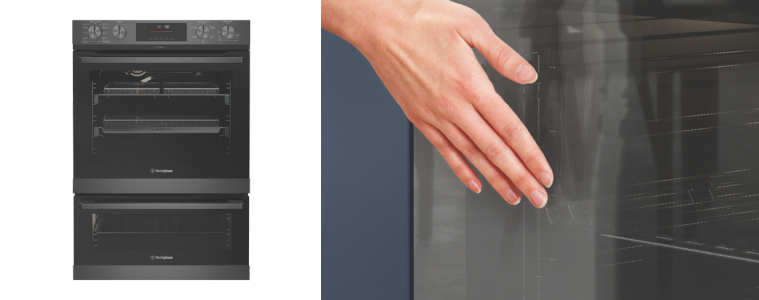 Product image of the Westinghouse 60cm Pyrolytic Double Oven next to a close-up image of a woman's hand touching the glass panel of the oven.