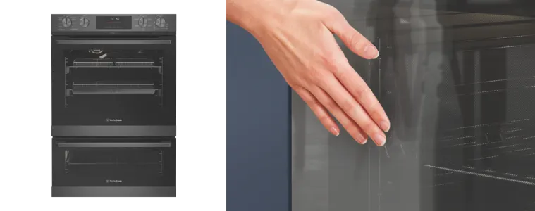 Product image of the Westinghouse 60cm Pyrolytic Double Oven next to a close-up image of a woman's hand touching the glass panel of the oven.