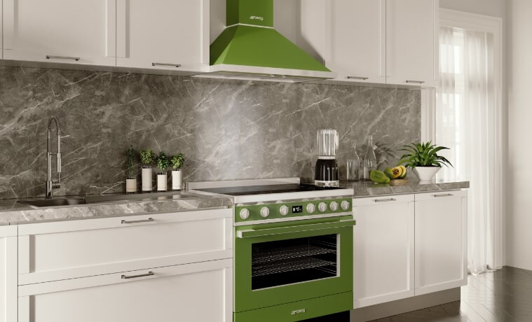 A green Smeg Portofino freestanding cooker in a white neutral straight line kitchen