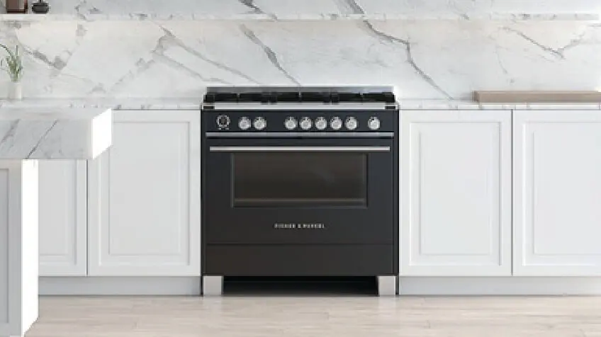 Black Fisher  Paykel freestanding oven in white kitchen