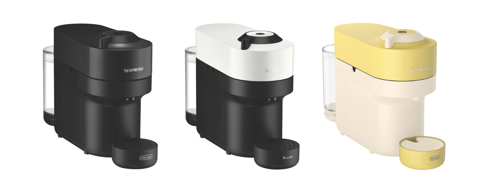 product image of three Nespresso Vertuo Pop Capsule Machines in Lemon, Black and White
