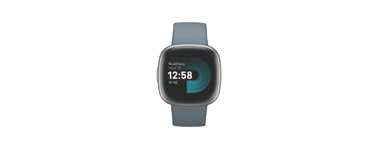 Front on image of a Fitbit Versa 4 Waterfall BluePlatinum Aluminium