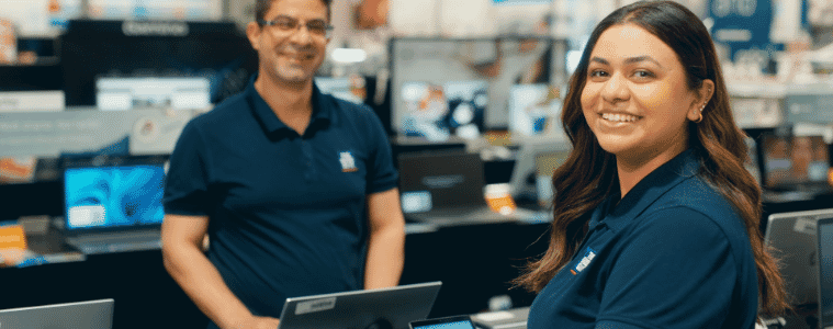 Good Guys team member playing with tablets in store 