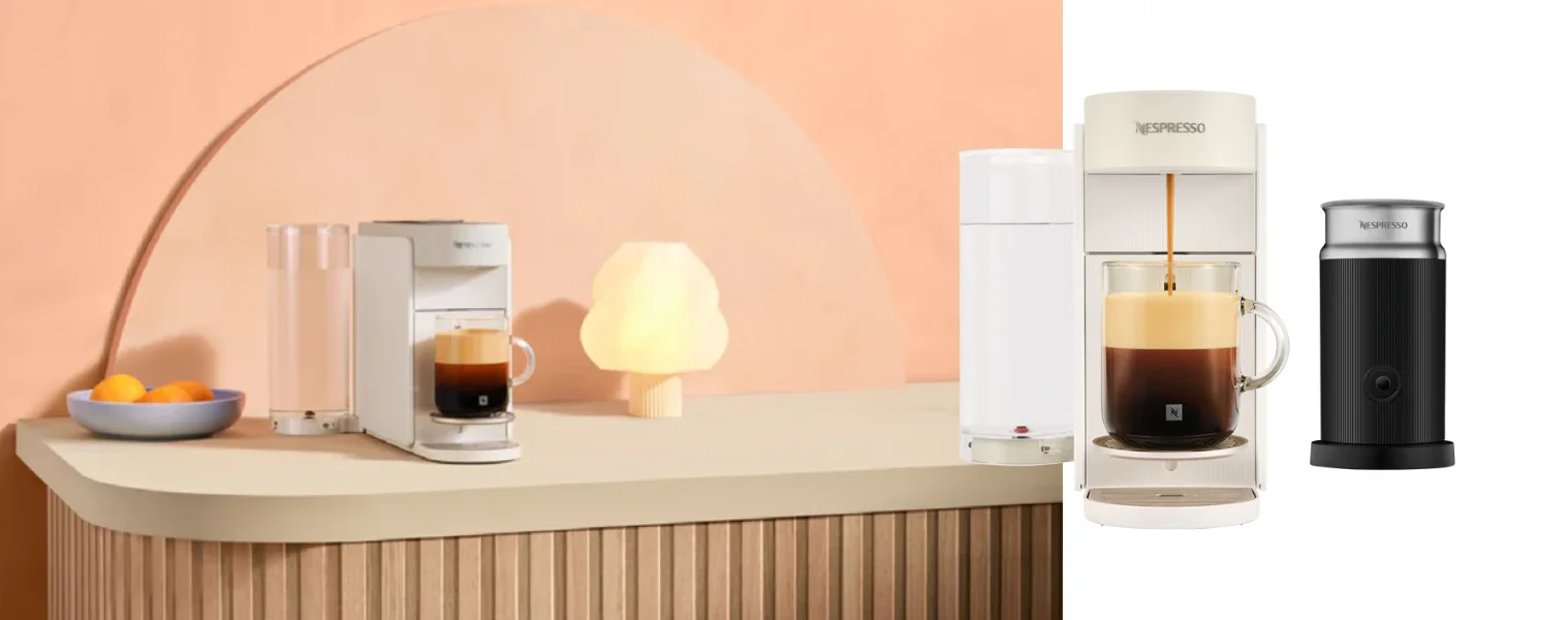 Nespresso Vertuo Up Capsule Coffee Machine Bundle White sitting on a modern kitchen benchtop
