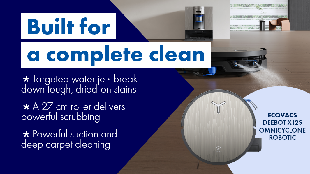 Built for a complete clean, meet the ECOVACS DEEBOT X12S OmniCycle Robot Vacuum, available at The Good Guys. 