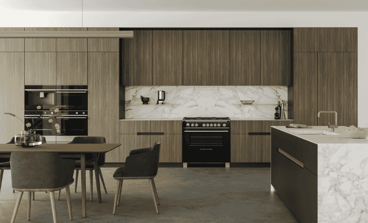 A light timber and white modern kitchen with black appliances