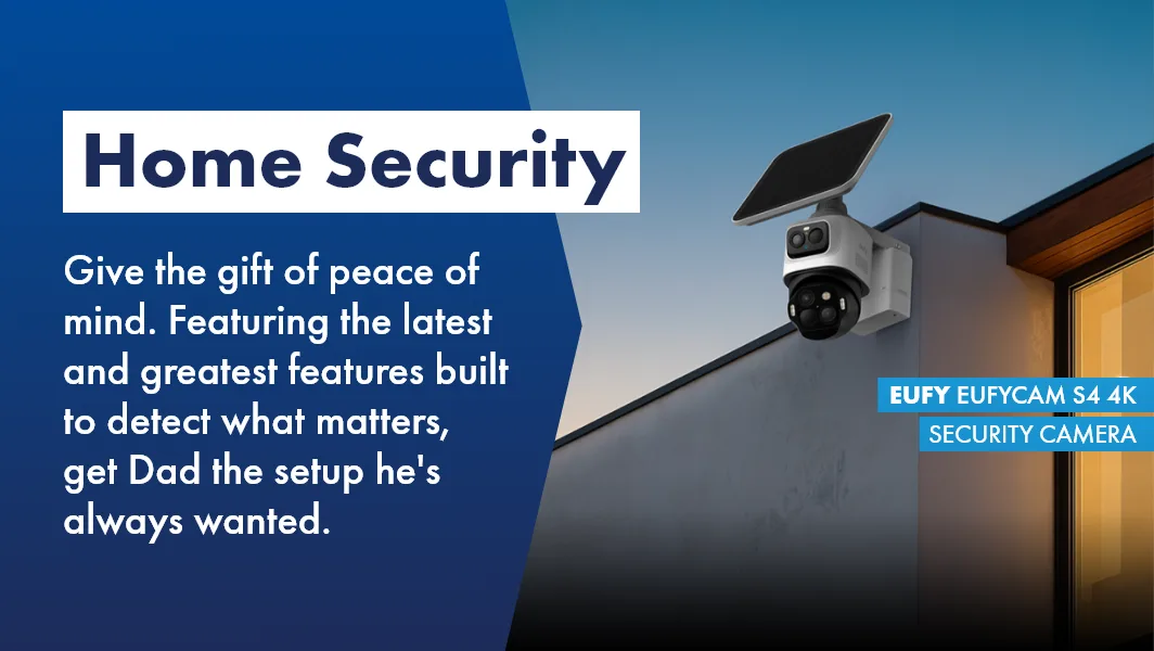 Eufy smart home security camera on the outside of a home at dusk, the perfect gift of peace of mind for Dad this Father's Day,