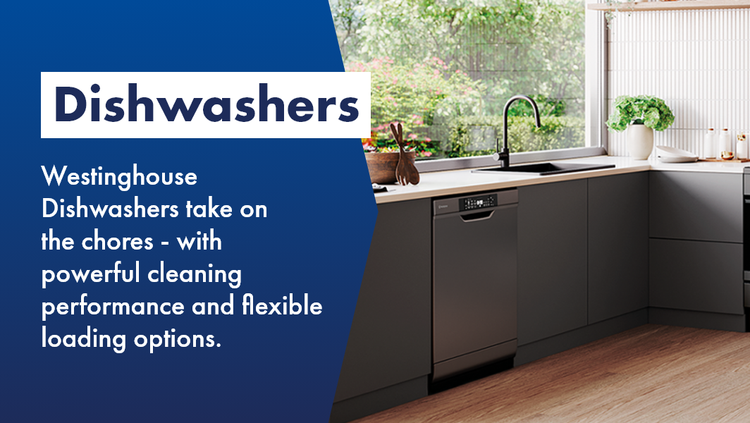 Westinghouse dark dishwasher stylishly sitting underbench is sunny kitchen, featuring powerful cleaning performance and flexible loading options. 