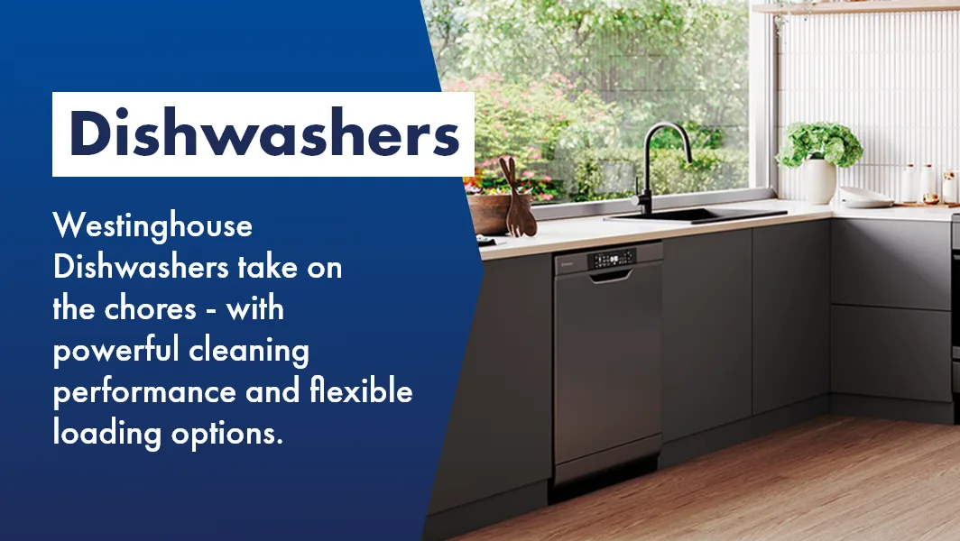 Westinghouse dark dishwasher stylishly sitting underbench is sunny kitchen, featuring powerful cleaning performance and flexible loading options.
