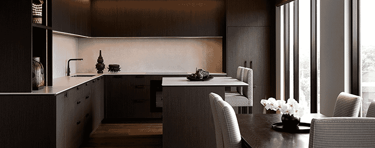 Kitchen with brown contemporary cabinets and white upholstered kitchen stools