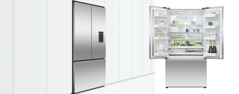 Fisher and Paykel French Door Fridge in white kitchen.