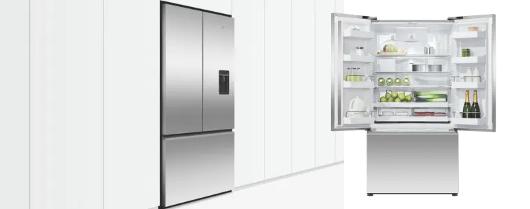 Fisher and Paykel French Door Fridge in white kitchen.
