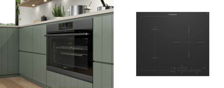 A Westinghouse oven built in into a kitchen and a product image of the Westinghouse 60cm Induction Cooktop