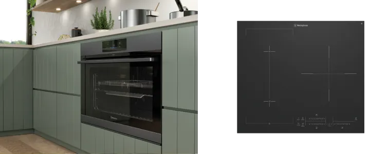 A Westinghouse oven built in into a kitchen and a product image of the Westinghouse 60cm Induction Cooktop