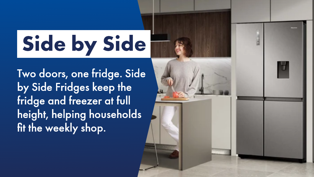 Stylish stainless steel Hisense Side by Side fridge with people in kitchen around it, available at The Good Guys. 