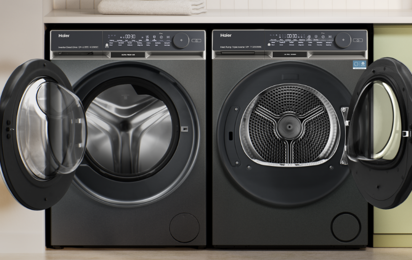 Haier washer and dryer with doors open. 