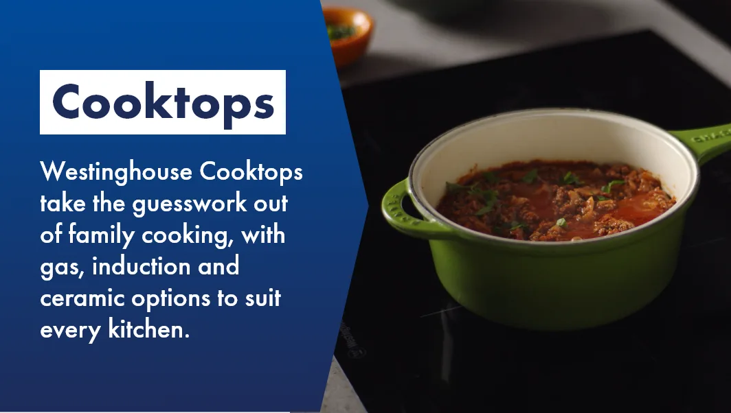Stew simmering on seamless Westinghouse induction cooktop, ready to help you take the guesswork out of family cooking.
