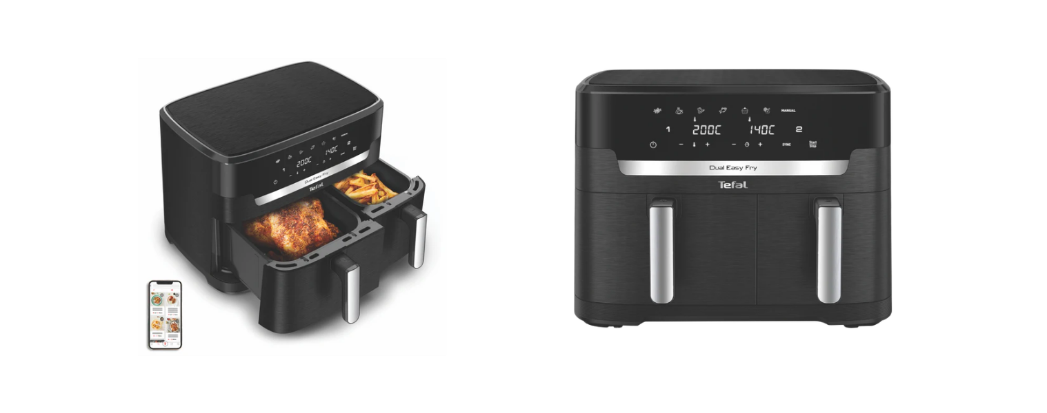 Front and side angle with draws open of the Tefal 11 Lt XXXL Dual Easy Fry Air Fryer