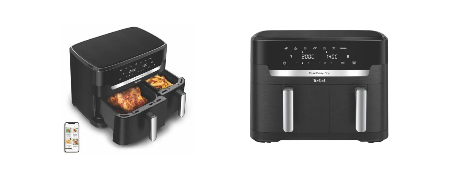 Front and side angle with draws open of the Tefal 11 Lt XXXL Dual Easy Fry Air Fryer