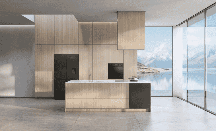 Full suite of matte black Fisher  Paykel cooking appliances featured in kitchen 