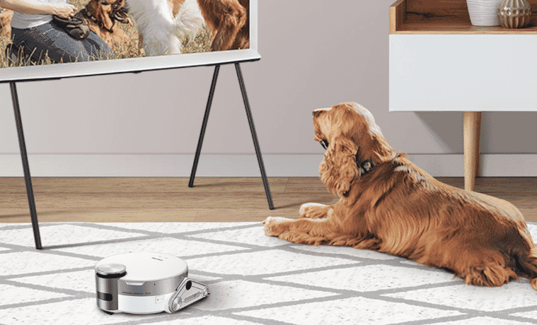 a dog watching TV on the Samsung TV next to the Samsung BESPOKE Jet Bot AI Robot Vacuum
