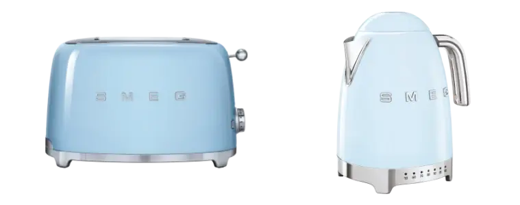 A blue Smeg retro 50's kettle and toaster