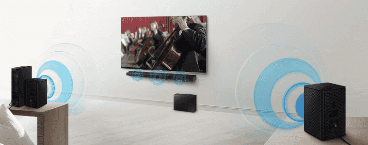 Rear speakers connect to a soundbar to emit sound