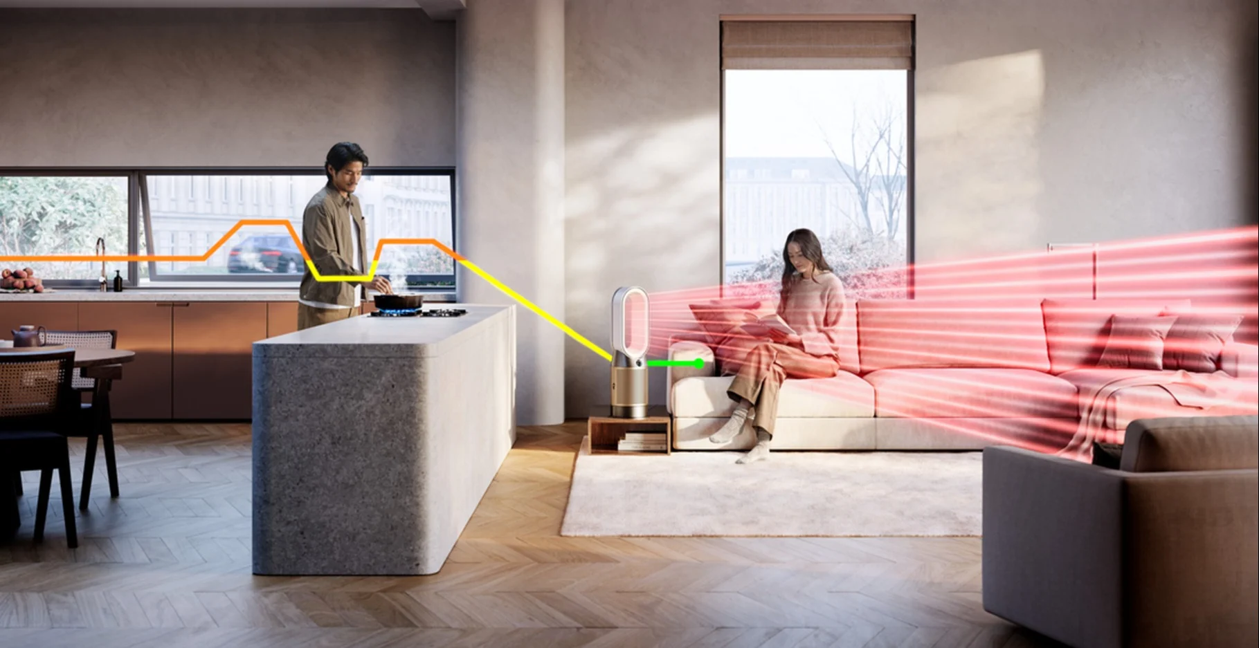 Image of a Dyson HP12 Purifier Hot + Cool De-Nox White/Gold in a modern living room.