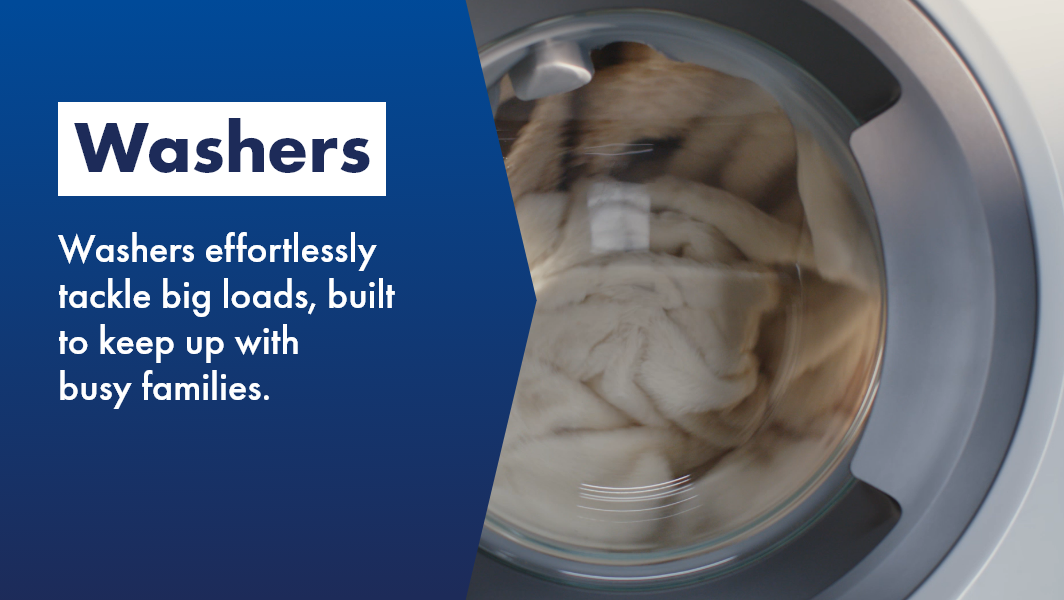 Close up of Westinghouse washing machine door spinning washing, this front load washer effortlessly tackles big loads and is built to keep up with busy families. 