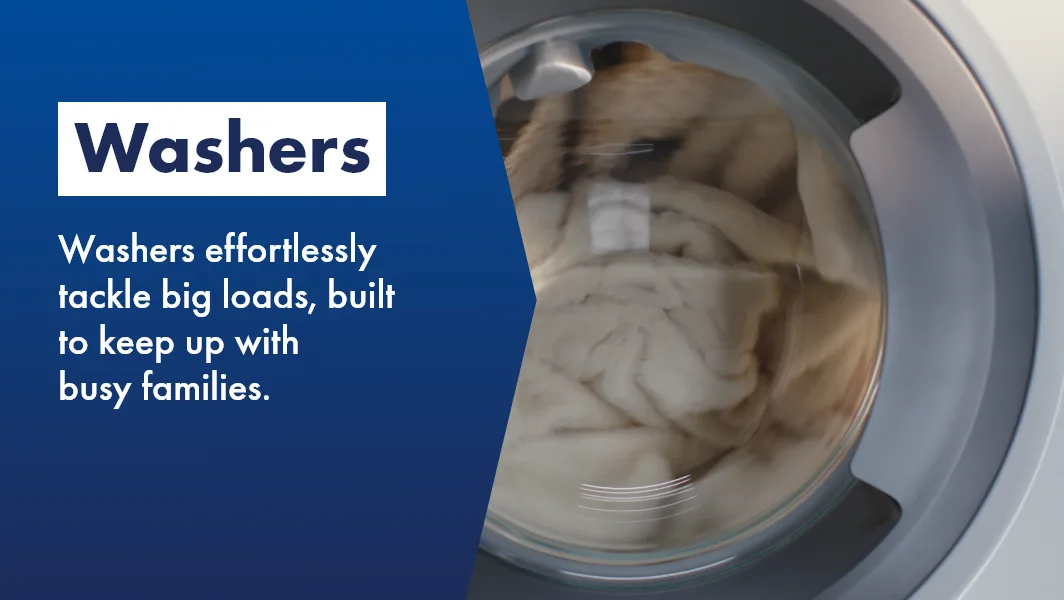 Close up of Westinghouse washing machine door spinning washing, this front load washer effortlessly tackles big loads and is built to keep up with busy families.