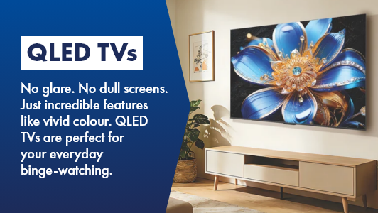 TCL QLED TV with flower on the screen, shop now at The Good Guys. 