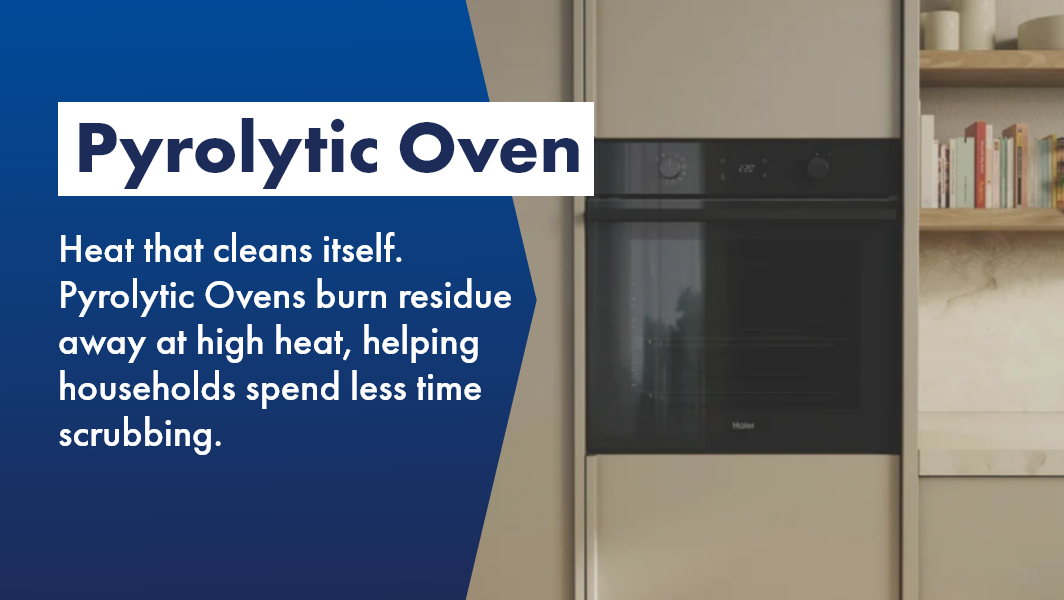 Haier Pyrolytic Oven in beige kitchen on wall available at The Good Guys. 