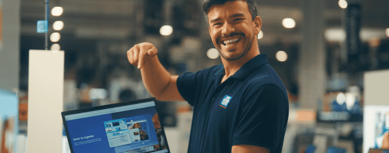 A Good Guys team member holding up a laptop in store