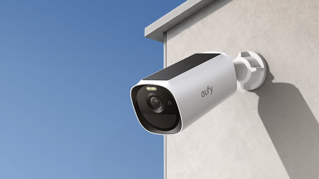 Lifestyle image of the eufy E40 security camera mounted on a wall outdoors