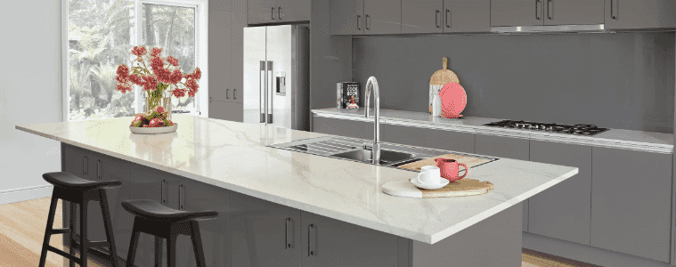 A neutral grey flat pack kitchen