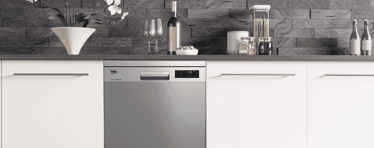 Beko stainless steel dishwasher in a modern kitchen with white cabinetry