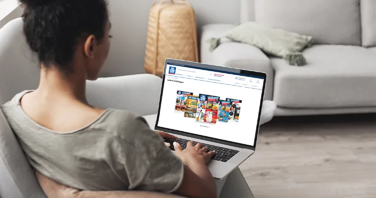 Image of a lady looking at The Good Guys Catalogues on a laptop