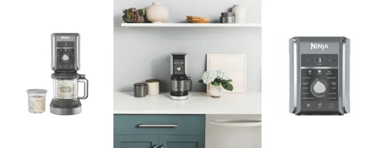 Product image and image of Ninja Creami Deluxe Ice Cream Maker on kitchen benchtop